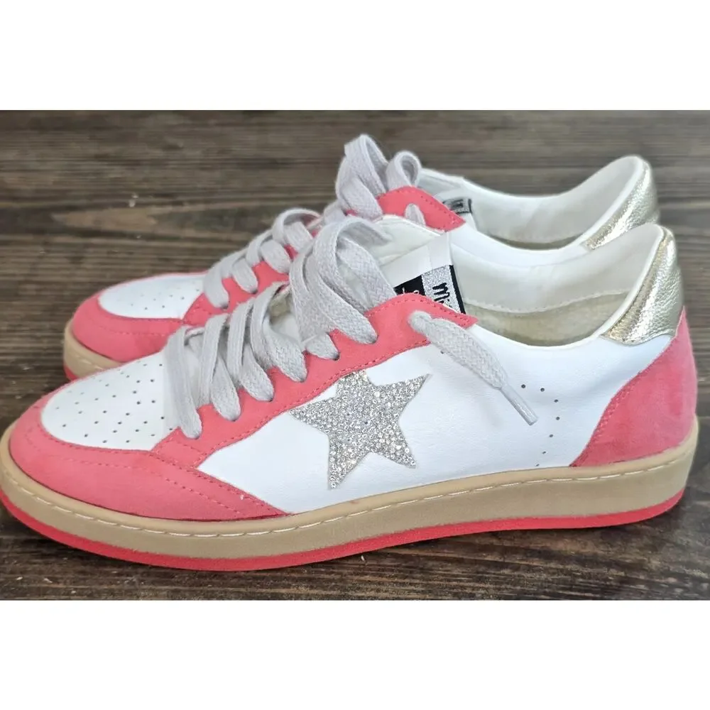 Mimi Women’s Avery Leather Sneaker White/Salmon Pink with Sparkly Star Size 8.5